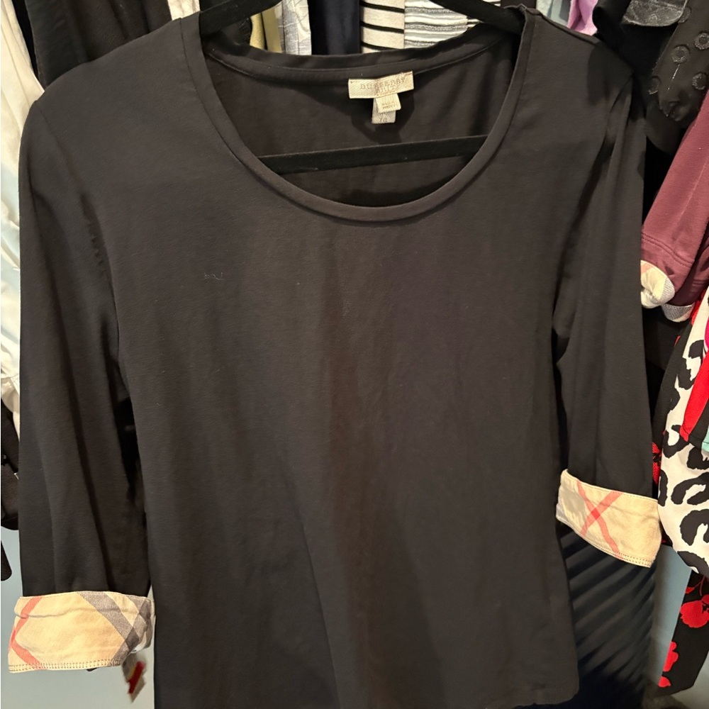 Burberry Black Long Sleeve Top with Plaid Cuffs